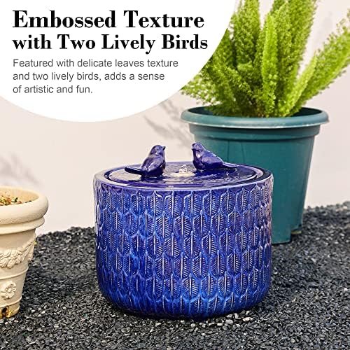 Glitzhome 14.75”H Outdoor Ceramic Garden Water Fountain with LED Lights and Pump, Two Birds Embossed Leaf Pattern Patio Fountain Floor Standing Bird Bath Fountains for Porch Deck Backyard, Cobalt Blue - Image 2
