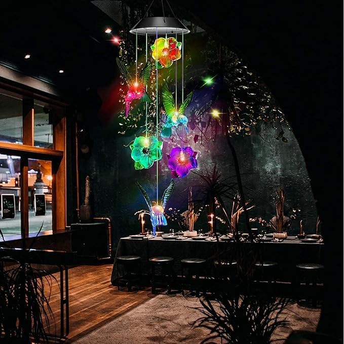 Hummingbird Solar Wind Chimes for Outside - Color Changing LED Outdoor Solar Lights Waterproof Windchimes, Home Garden Patio Yard Porch Decoration (Hummingbird Flower) - Image 3