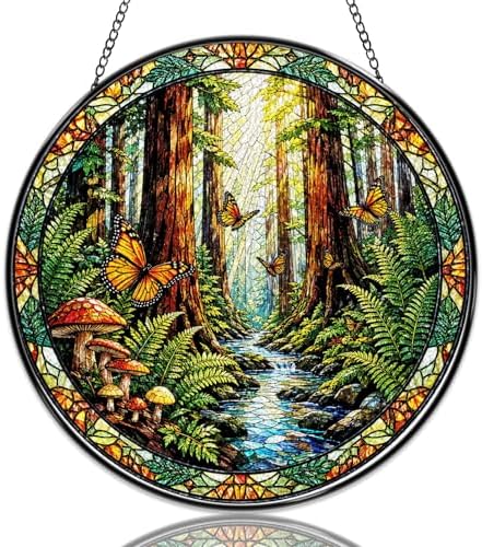 Stained Glass Window Hanging Forest Butterfly and Mushroom Scene Sun Catchers Woodland Nature Landscape Suncatchers Decorative for Home Garden Outdoor & Indoor Colorful Gift 9.8 Inch by Unknown