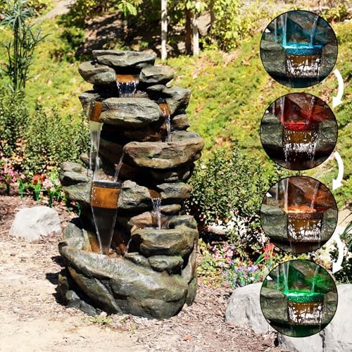 Alpine Corporation 51" Tall 6-Tier Outdoor Rainforest Waterfall Floor Fountain, Weather-Resistant Design with Color-Changing LED Lights & Remote Control, Gray - Image 5