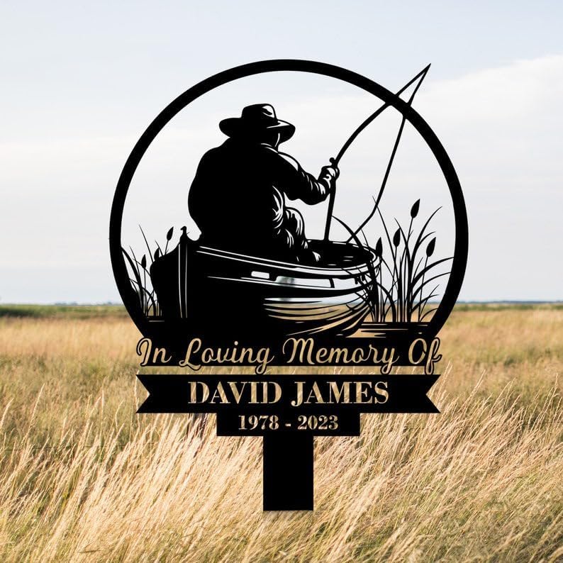 Personalized Memorial Plaques for Outdoors Old Fisherman Grave Marker Metal Garden Stakes Fishing Dad Memorial Gifts Sympathy Gifts for Loss of Loved One (Old Fisherman) - Image 2