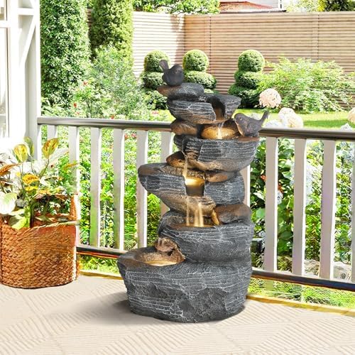 5 Tiers Cascading Rock Outdoor Water Fountain with Bird Decor by MAIBH-MAIntainBrilliantHouse