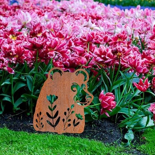 Animal Floral Metal Garden Stake | Raw Metal Patinas Over Time | Yard Art Decor Spring Summer Decorations Flower Bed Plant Stakes Marker (Bear) - Image 7