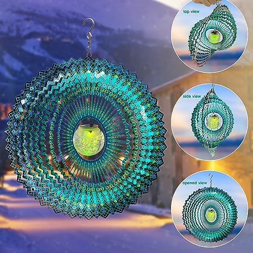 FONMY Solar Wind Spinner Mandala Starry Sky 3D Stainless Steel Hanging Wind Spinners Gift Christmas Decoration Indoor/Outdoor Garden Décor Kinetic Yard Art 12 Inches Multi Peacock Blue Wind Sculpture - Image 4