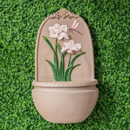 XBrand 31" in H Outdoor Wall Water Fountain with Pump- Pink Flower with Dragonfly Design with Mesh Guard - Image 2