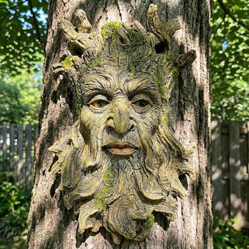 10.3" Whimsical Tree Face Sculpture, Garden Peeker Statue, Outdoor Trunk Tree Huggers Art, Landscape Accent Ornament, Hanging Fairy Elve Figurine for Yard Art, Trees Decor Wall Mounted Statues - Image 4