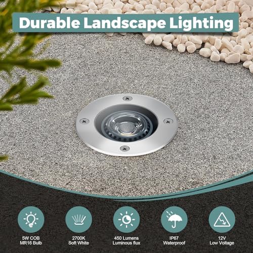 Gardencoin Low Voltage Landscape LED Well Lights, 12V in Ground Lights Outdoor IP67 Waterproof, 5" Tall Wired Landscape Up Lighting, Included Replaceable 5W 2700K MR16 Bulb Dimmable, 6 Pack - Image 2