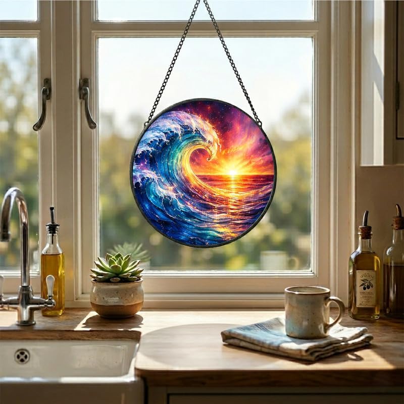 Stained Glass Window Hanging - 11.8" Ocean Wave and Sunset Suncatcher Glass Panel, Home Decorative Hanging Ornament for Kitchen or Garden, Ideal Gift for Mother, Wife or Women - Image 4