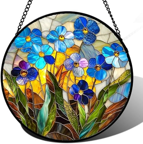 Blue Flower Stained Glass Window Hanging Suncatcher Gifts for Women 12" by amderven