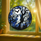 Stained Glass Window Hanging - 11.8in Spirits, Cat and Full Moon Graveyard Scene Sun Catchers Panel for Indoor Decorative Display for Mom, Wife, Lovers, Festive - Image 2