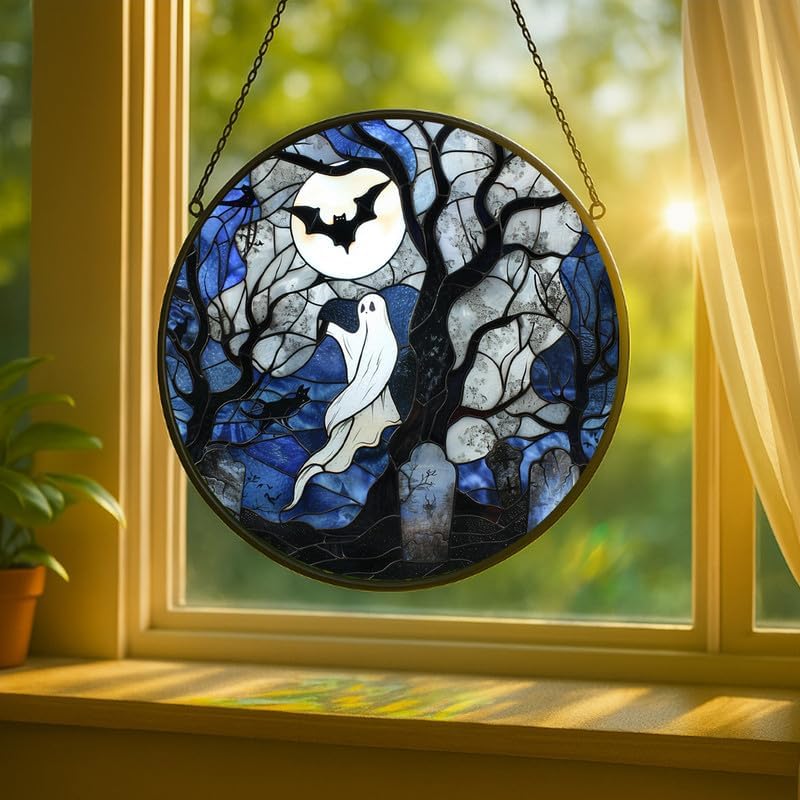 Stained Glass Window Hanging - 11.8in Spirits, Cat and Full Moon Graveyard Scene Sun Catchers Panel for Indoor Decorative Display for Mom, Wife, Lovers, Festive - Image 2
