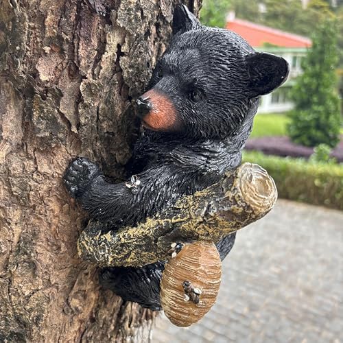 Black Bear cub Tree Hugger Decor. Forest Wildlife Animal Stadue，Climbing Tree Statue Hanging,Tree-Mounted - Realistic Polyresin stadue - for Housewarming, Outer Door,Garden, Yard. by Yaoemei