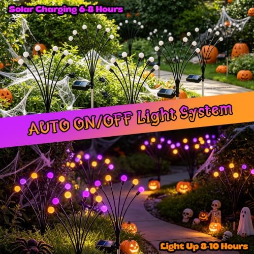 VOOKRY 6 Pack Halloween Decorations Outdoor, 36 LED Solar Firefly Lights Outdoor Waterproof Swaying Scary Solar Halloween Lights for Yard Garden Pathway Lawn Party Decor, Orange & Purple - Image 3