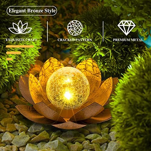 AIINY Solar Light Outdoor(2Pack), Art Crackle Globe Glass Lotus Decoration, Solar LED Waterproof Metal Flower Lights for Patio,Lawn,Walkway,Tabletop - Image 2