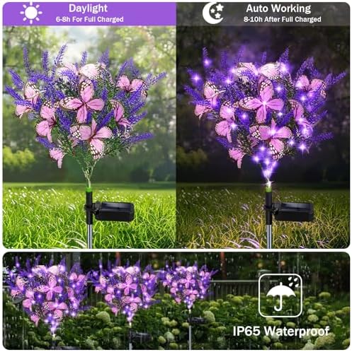 Solar Garden Lights Outdoor, 4 Pack Purple Lavender Solar Butterfly Lights Gardening Gifts for Women,Artificial Flowers Light Purple Halloween Garden Decor for Patio Yard Lawn Christmas - Image 6