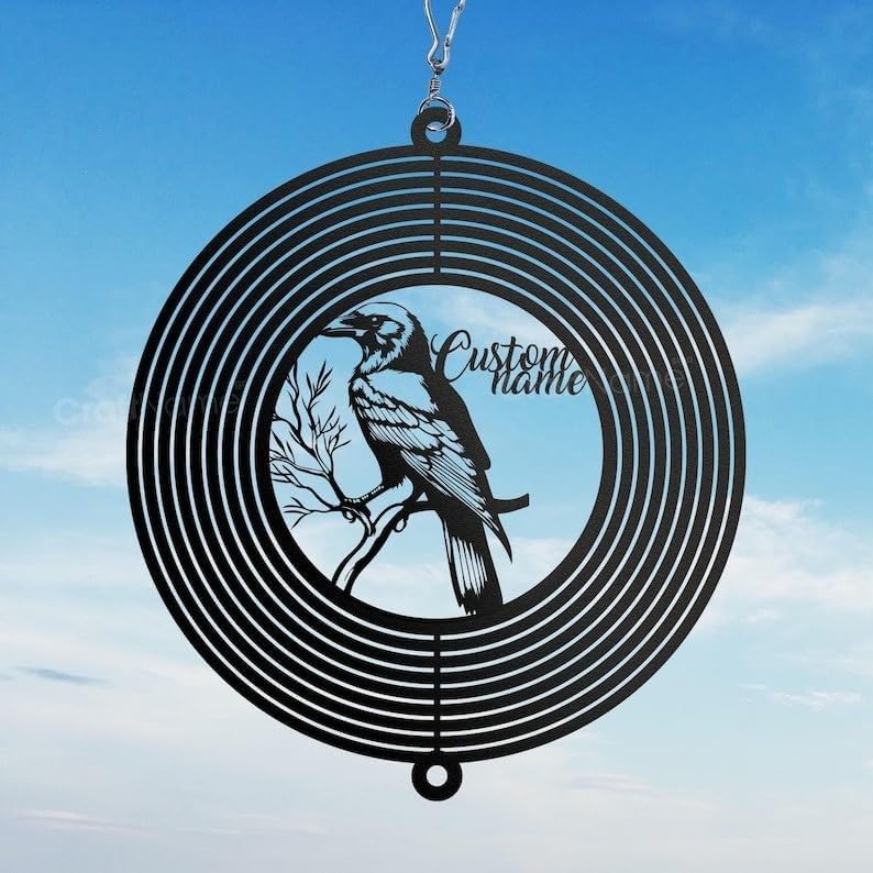 Personalized Raven Metal Wind Spinner, Custom Gothic Bird Hanging Yard Art, Outdoor Garden Decor (Raven Garden Wind Spinner) - Image 3