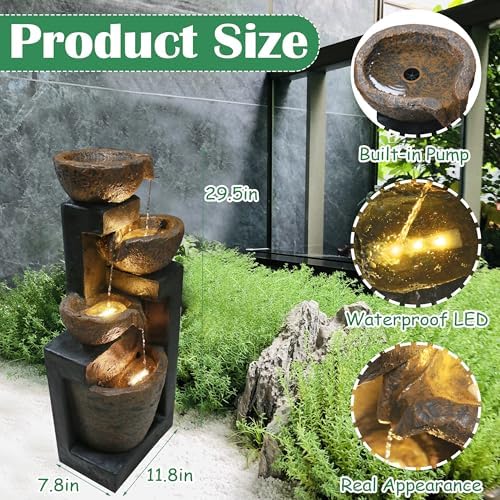 4-Tiers Cascading Rock Outdoor Fountain with LED Light Beige - Image 2