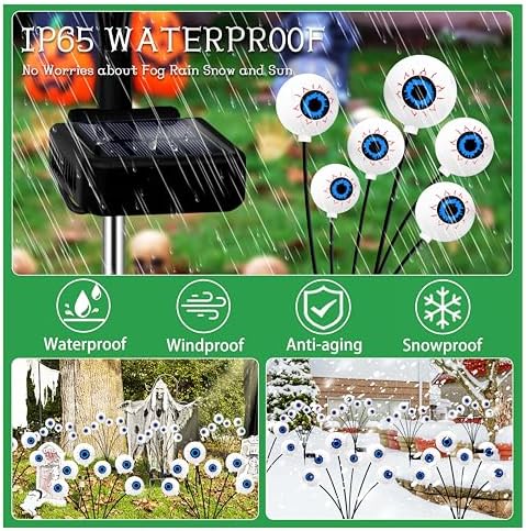 Kohlrabi Halloween Decorations Outdoor, 6 Pack 36 LED Solar Scary Eyeball Swaying Lights, Green Solar Firefly Light Waterproof Outdoor Garden Lights for Halloween Yard Garden Lawn Party Flower Bed - Image 3