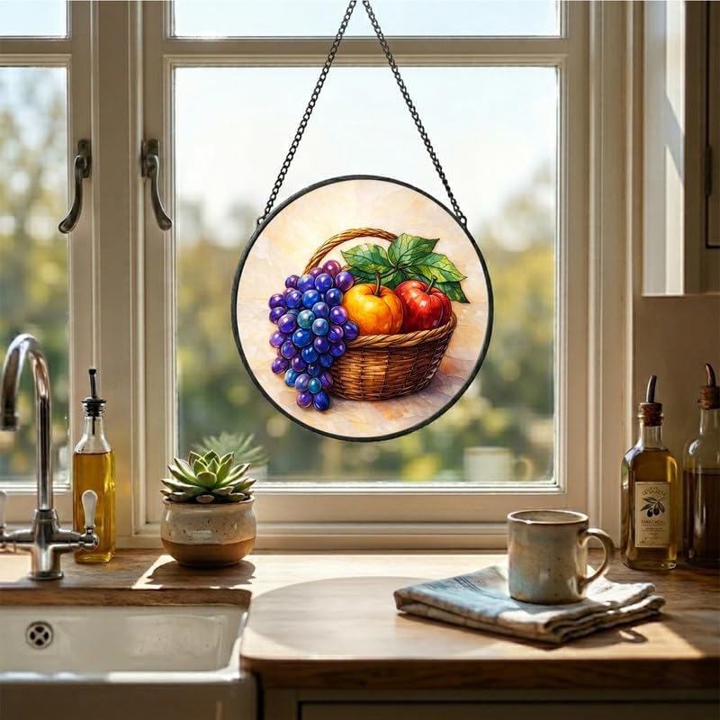 Stained Glass Window Hanging - 11.8" Fruit Basket with Grapes and Apples Suncatcher Glass Panel, Home Decorative Hanging Ornament for Kitchen or Garden, Ideal Gift for Mother, Wife or Women - Image 4
