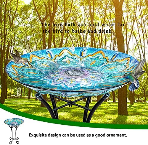 Glass Bird Bath Outdoor with Metal Stand Solar BirdBath Feeder Garden Decor - Image 4