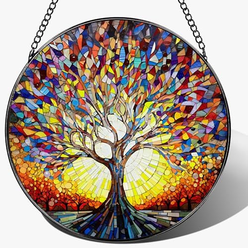 Stained Glass Window Hanging, 8 in Tree of Life Sun Catchers Indoor Window, Stained Glass Suncatcher, Gifts for Women, Her, Wife, Friend and Mom for Mother's Day, Christmas, Birthday by Unknown