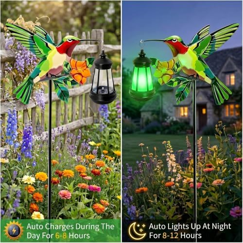 2 Pack Hummingbird Solar Garden Lights Waterproof Outdoor Metal Stakes with Solar Lantern Gifts for Women Mom Grandma Birthday for Path Yard Patio Porch Lawn (Multicolor, Green Hummingbird) - Image 3