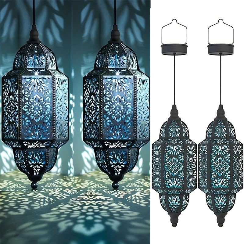 Solar Lanterns Outdoor, Moroccan Style Waterproof Hanging Lights with Cut-Out Design for Garden Patio Pathway Deco Decorations Outdoor Hanging Light, Solar Garden Decor (Black, 2 Pack) by Lysliv