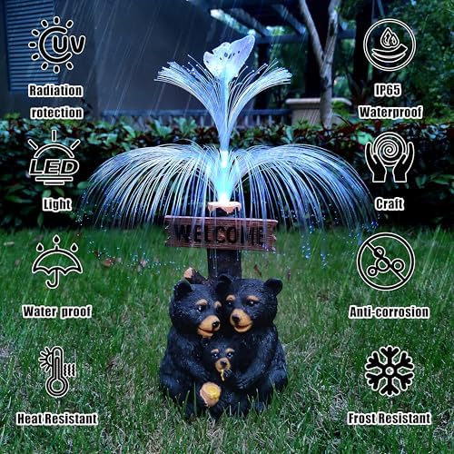 Solar Bear Garden Statues,Resin Black Bear Family Figurine with Welcome Card and 7-Color Changing Optical Fiber with Solar Lights, Lawn Decor Outdoor Statue for Patio,Balcony,Yard,Lawn - Image 6