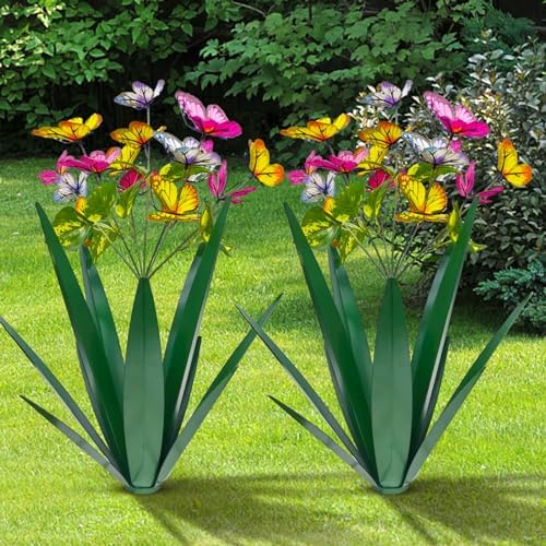 TOMBABY Garden Outdoor Butterfly Enlarge Thickened Wind Resistant Metal Agave Garden Art Metal Plant Country Sculpture Statue Decorations Ornaments Artificial Waterproof Butterflies(Green 2pcs) by TOMBABY