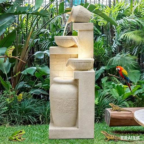 42.52" 4-Tier Outdoor Water Fountain for Garden, Rustic Pot Water Feature by Desgmomy