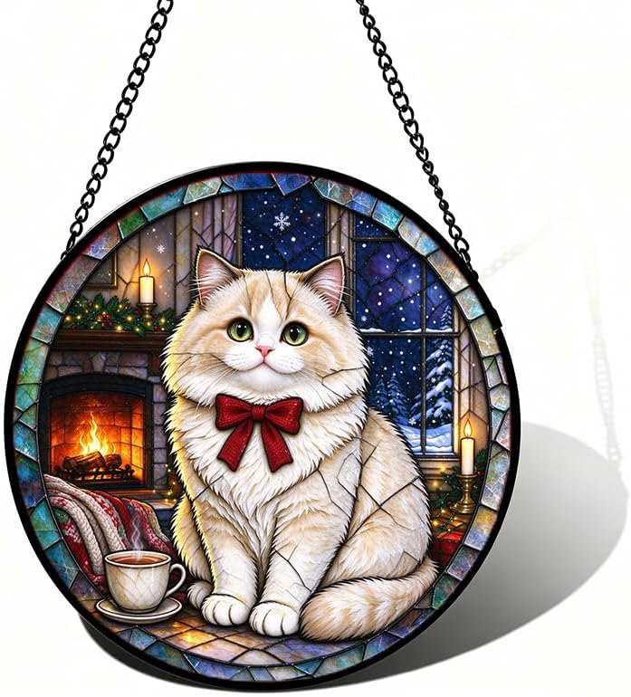 Stained Glass Window Hanging Ragamuffin Cat Suncatcher Gifts 9.8" by Unknown