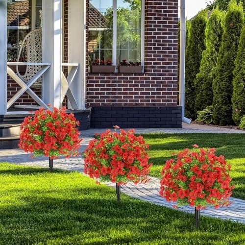 22 Inch Artificial Flower Stake Outdoor Decor - Multi-Color Garden Stakes for Yard & Lawn, No Fade Heavy Duty Plastic, All Season Decoration (2pcs-Red) - Image 4