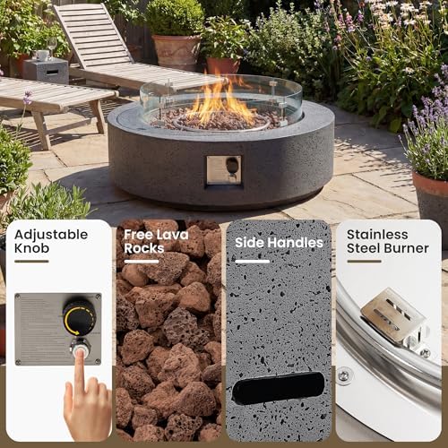 COSIEST 42 inch Outdoor Propane Fire Pit Coffee Table w Concrete Round Base Patio Heater, Certified, 50,000 BTU Stainless Steel Burner, Free Lava Rocks, Wind Guard, Rain Cover, Gray - Image 4