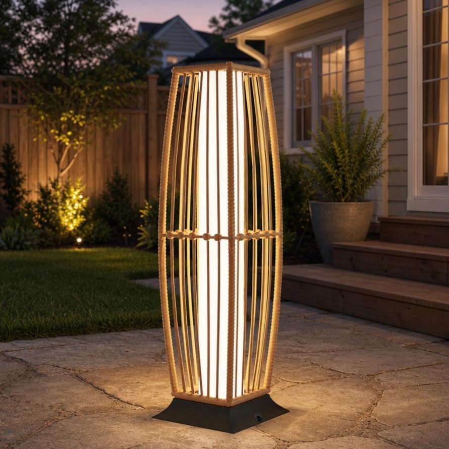 Grand patio Solar Outdoor Floor Lamp, Waterproof Wicker Boho Patio Lantern with Warm LED Light, Cordless Solar Standing Light for Porch, Deck, Garden & Poolside Decor, Large Taurus by GrandPatio