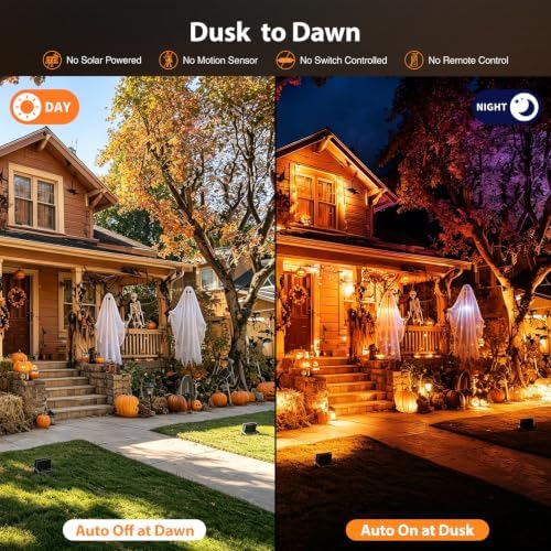 Onforu Orange Halloween Flood Lights, 30W Dusk to Dawn Floodlight 2 Pack LED Spot Lights Outdoor Decoration, Auto ON/Off Plug in Spotlights, IP65 Waterproof Uplighting Uplights for Party Garden - Image 2