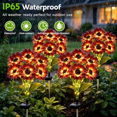 Solar Sunflower Lights Outdoor Garden Decor, 4 Pack Solar Brown Flowers Lights with 24 Sunflowers, Waterproof Fall Decor Stake Decorative Light Auto ON/Off for Garden Yard Patio, Gift for Women - Image 4
