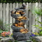 Outdoor Garden Water Fountain, 5 Tiers Cascading Rock Water Fountain, 26.4" H Waterfalls Resin Fountain with 4 LED Lights and Dicky Bird, Natural Modern Art Decor for Indoor and Patio Porch by GIODIR