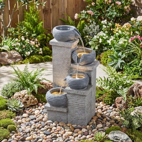 Giantex 4-Tier Water Fountain Outdoor, 23 Inch Cascading Bowls Waterfall Fountain with Warm LED Lights & Pump, Outside Zen Water Feature for Patio, Balcony, Deck, Garden, Yard Decor - Image 2