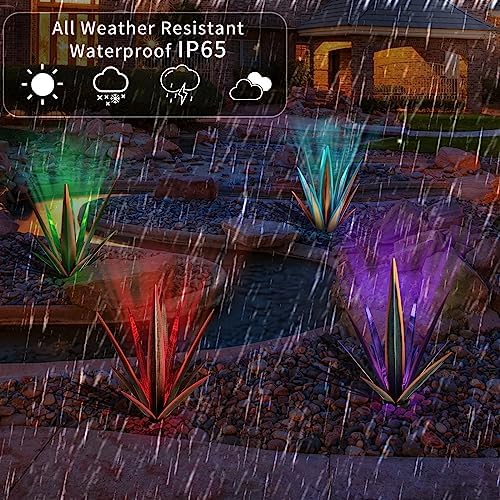 KODIBO 24" Large Metal Agave Plant Outdoor Decor with Solar Light, Blue - Image 3
