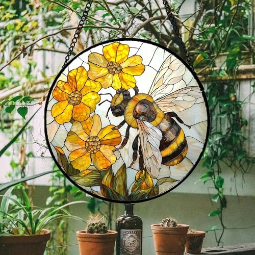 Yellow Flower Bee Stained Glass Window Hanging Decor Gifts for Women 12" - Image 5