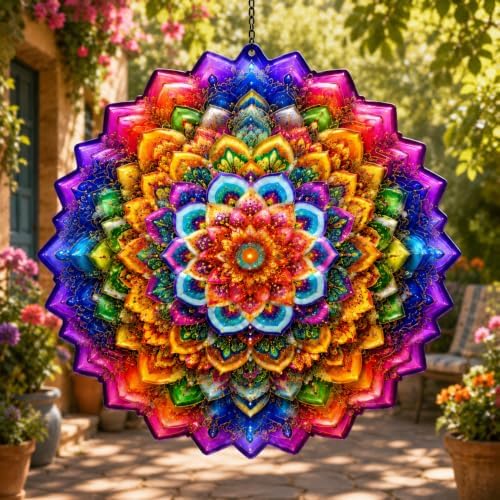 Shwing 12 Inch Rainbow Mandala Wind Spinner Colorful Boho Hanging Decor Vibrant Metal Ornament Outdoor Kinetic Garden Art 3D Wind Spinner for Patio Porch Backyard Decoration - Image 6