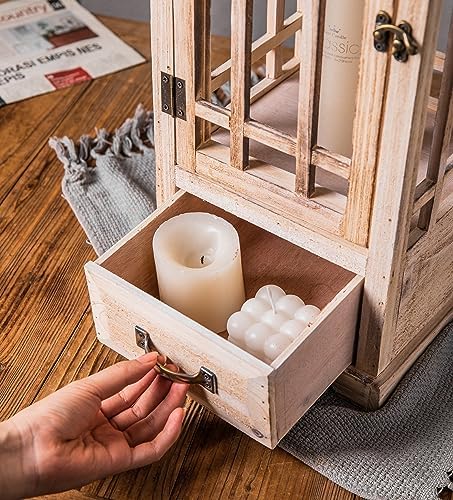 TIMRIS Large Rustic Wooden Metal Decorative Lantern Set of 2, Modern Farmhouse Floor Candle Lanterns with Drawer, Indoor/Outdoor Hanging Lanterns for Home Decor (No Glass) - Image 3