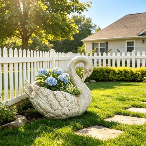 12.8" Vintage White Swan Planter, Resin Swan Flower Pot Statue, Weather Resistant Garden Planter for Front Porch, Yard, Patio, Lawn, Flower Bed & Outdoor Home Decor by Unknown