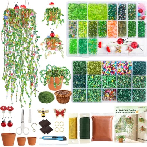 Ohanniewa 11300PCS 4 Pack Beaded Plant Kit with Fridge Magnets, DIY Hanging Plant Crafts with Video Tutorials, Handmade Gifts for Plant Lovers, Cute Desk & Refrigerator Decor by Ohanniewa