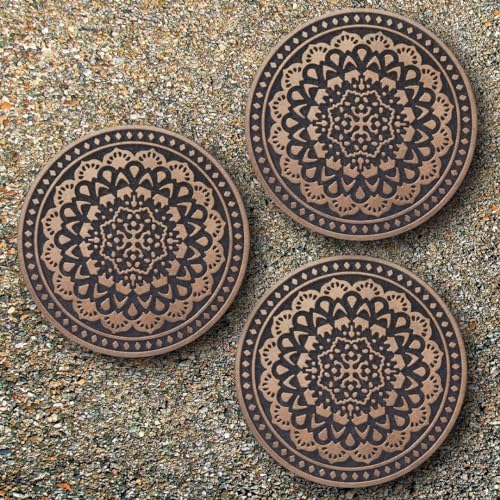 HF by LT Deluxe Rubber Stepping Stone, Mandala Design, Heavy Duty 13" All-Weather Garden Tile, Black with Antique Bronze Finish, Set of 3 - Image 3