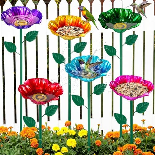 LemonRoad 6 Pcs Metal Flower Bird Baths with Stake for Garden Multicolor by Unknown