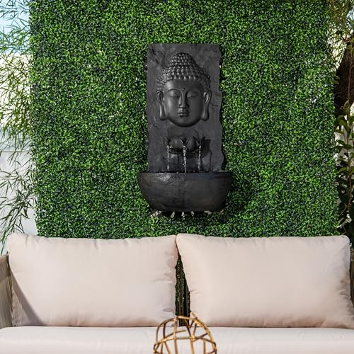 XBrand 30" H Buddha Water Fountain, Zen Wall Outdoor Garden Fountain w/Warm LED Light & Pump, Black Resin Water Fountain for Patio Backyard Home Decor - Image 2