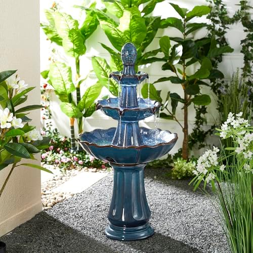 Glitzhome Outdoor Fountain and Waterfalls 3 Tier Patio Fountains, 45" H Turquoise Ceramic Water Fountain with LED Light, Pump & Adapter Garden Outdoor Floor Stand Fountains for Backyard Deck Lawn - Image 2
