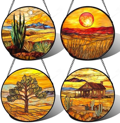 DASTOLL Stained Glass Window Hanging 4 Pcs Set Desert Sunset Theme Landscape Large 11.8" - Suncatcher Door Garden Sun Catcher Decor Birthday Christmas for Mom Woman Nana Men by DASTOLL