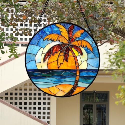 DASTOLL Stained Glass Window Hanging 4 Pcs Set Blue Orange Ocean Beach Theme 9.8" - Suncatcher Door Garden Sun Catcher Decor Birthday Christmas for Mom Woman Nana Men Wife - Image 3